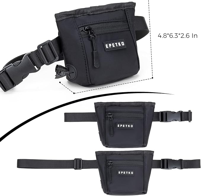 Dog Treat Pouch, Powerful Magnet Closure Device Dog Training Treat Bag Large Capacity Pet Treat Pouch with Poop Bag Dispenser Treat Bag for Dog Training with Metal Waistband Clip (Black)