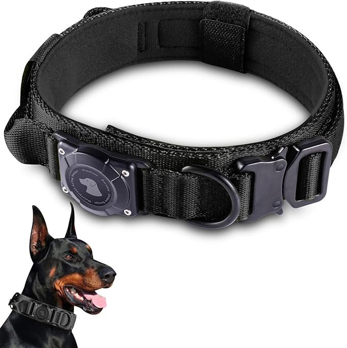 2026 Upgrade Waterproof Tactical AirTag Dog Collar, Built in AirTag Holder | Comfortable Control Handle, Quick Release Metal Buckle, Durable 1000D Nylon, For Medium to Large Dogs, Black, M