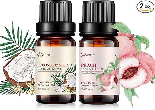 CoconutVanilla & Peach Essential Oils - 100% Pure Organic Natural Plant Oils for Diffuser, Aroma, Spa, Massage, Yoga, Perfume, 2x10ML