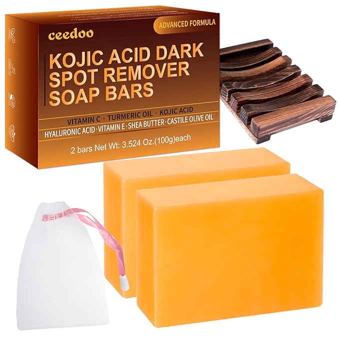 Kojic Acid Dark Spot Remover Soap Bars with Vitamin C, Retinol, Collagen, Turmeric with Hyaluronic Acid, Vitamin E, Shea Butter, Castile Olive Oil - 3.52 OZ x 2 Bars