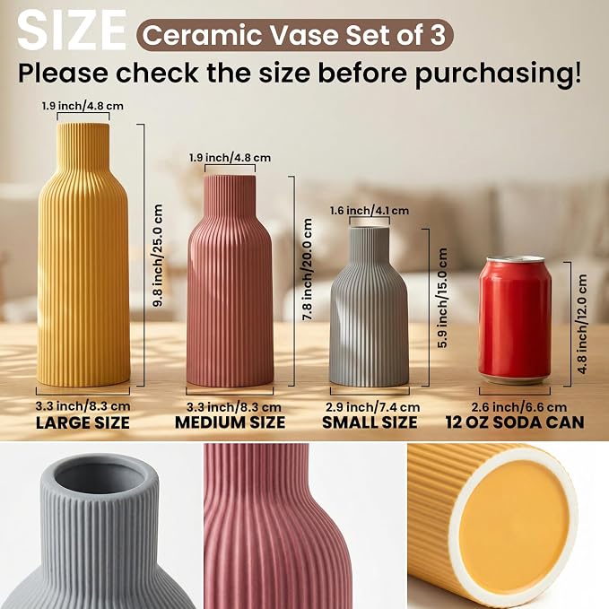 Colorful Ceramic Vases Set of 3, Matte Vertical Ribbed, Minimalist for Pampas Grass &Fresh Flowers, Centerpiece for Living Room,Shelf,Wedding (Mustard Yellow, Dusty Gray, Burgundy)