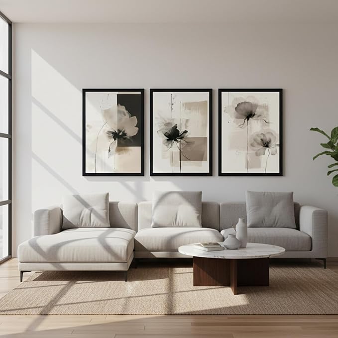 Neutral Abstract Floral Wall Art Black Framed Modern Large Minimalist Canvas Wall Decor Contemporary Beige Black Flower Posters Prints Picture for Living Room Bedroom Bathroom Office 16x24 In