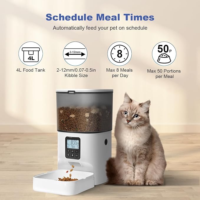 Automatic Cat Feeder, 4L Cat Food Dispenser with 10s Voice Recorder, Pet Feeder up to 8 Meals per Day, Timed Dog Feeder with Dry Food Sealed Ring