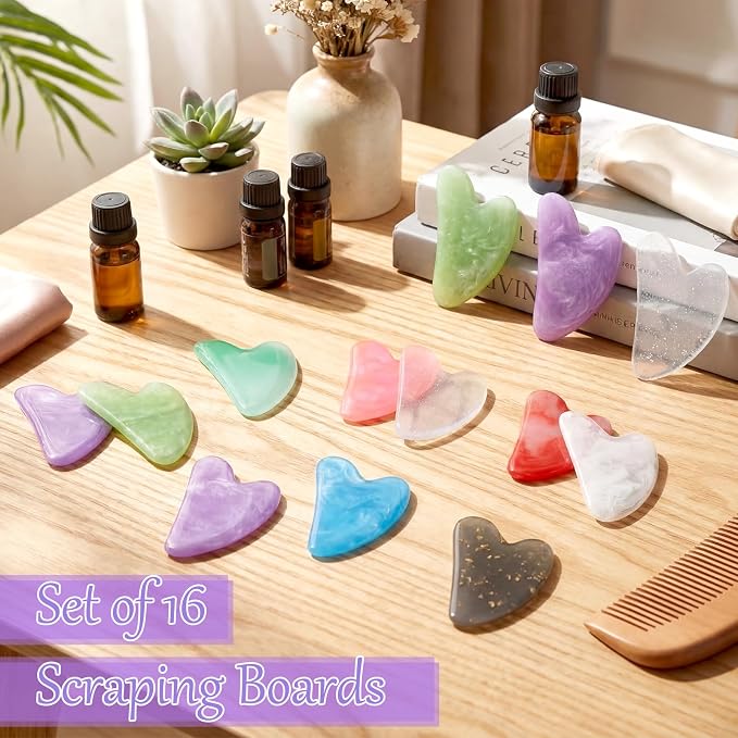 Sherr 16 Pcs Gua Sha Facial Tools Gua Sha Stone Facial Massage Tools Face Massager for Body Spa Acupuncture Relieve Muscle Tensions Puffiness (Fresh Style)