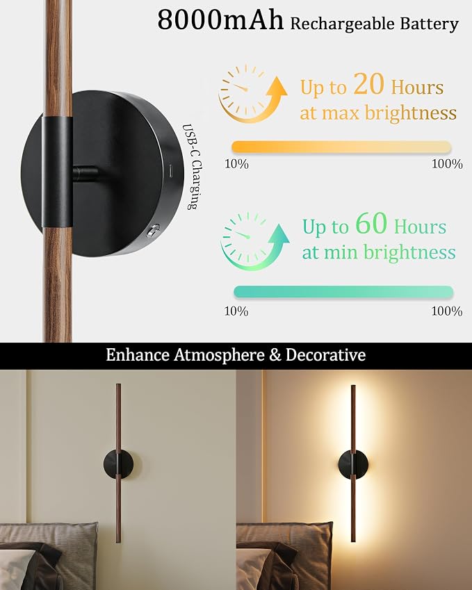 24" Battery Operated Wall Sconce Set of 2, 350° Rotating Lamp, Walnut Black | Wireless, 8000mAh Rechargeable Battery, Stepless Dimming, 3000K-6000K, Remote & Touch Control, Timer, Living Room, Bedroom