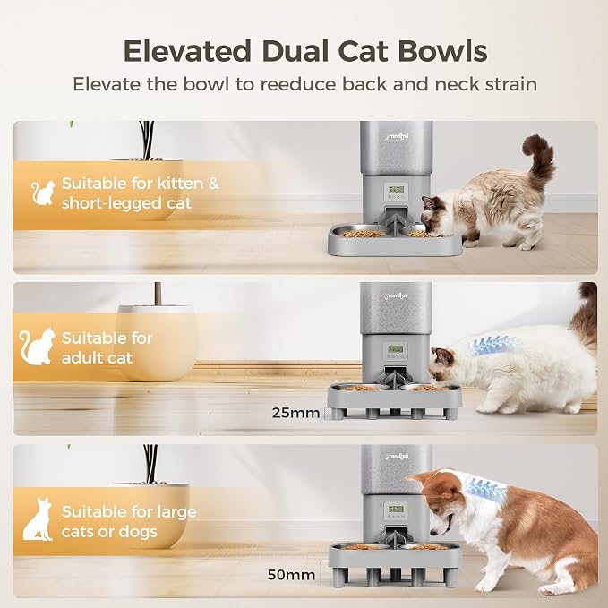 6L Automatic Cat Feeder with Dual Bowls, Button Control, Gray | Schedules 1-4 meals daily with adjustable portions, 10-second voice recording, locking lid, and AC or battery backup power.