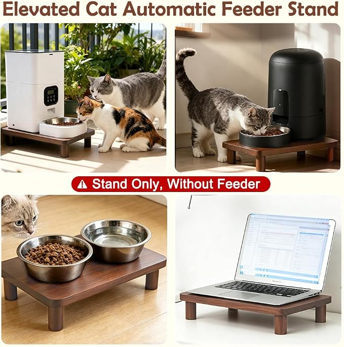 SZEE Cat Food Stand, Elevated Cat Feeder Stand for Automatic Feeder & Bowls | Lifted Cat Food Table Station, Raises Feeder/Bowl by 2 3/8", Relieves Spine and Joints Noticeably on Pets - Solid Walnut Wood