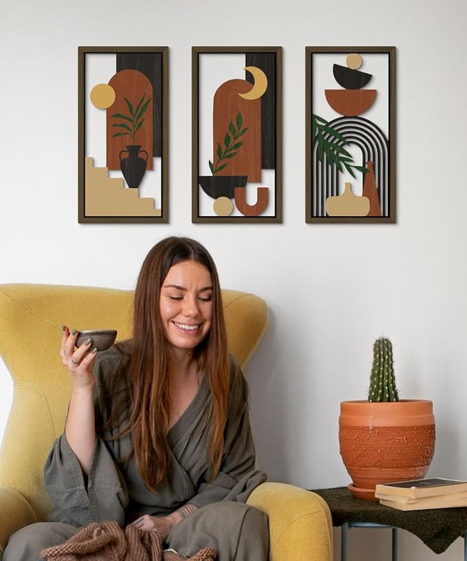 Putuo Decor Boho Wall Art Set of 3 Modern Minimalist Wooden Wall Decor Abstract Terracotta Room Decorations Mid Century Artwork for Living Room Bedroom Office in Terracotta Noir 16.5 x 8.6 Inch