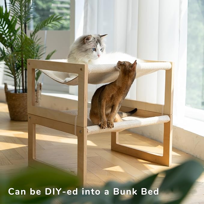 FUKUMARU Large Cat Hammock, Raised Dog Bed for Indoor and Outdoor, Washable | 21" Wooden Pet Beds, Breathable Linen Cat Couch, Elevated Pet Sofa for Puppy, Bunny and Small Animal