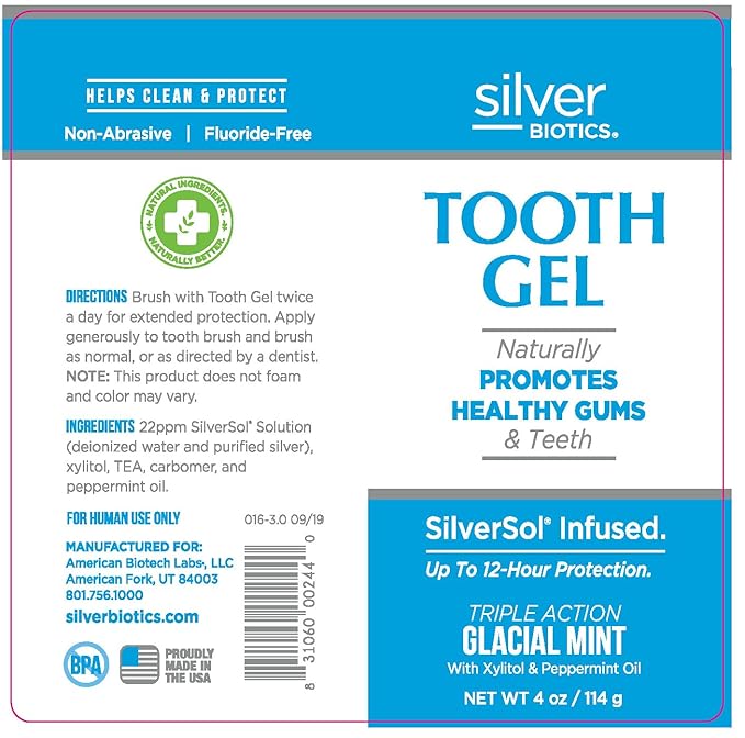 Silver Biotics Tooth Gel | SilverSol Ag₄O₄ 22 ppm Nano-Silver Infused Gel for All Natural Gum & Teeth Protection | Glacial Mint | 4 oz
