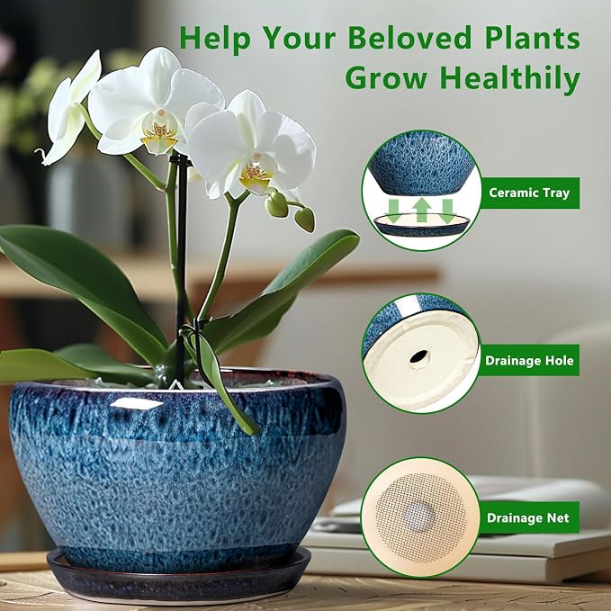 Ceramicfor Ceramic Plant Pots 13 Inch - Indoor Planter with Drainage Hole and Saucer, Decorative Large Planter for Indoor Outdoor Plants, Ceramic Flower Pots, Gifts for Plant Lovers, House Decor, Blue