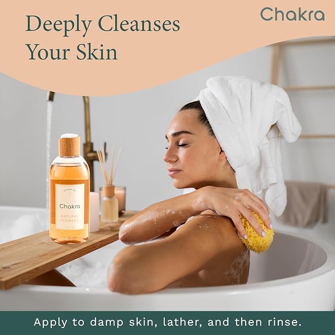 Chakra Body Wash for Women & Men - Moisturizing Shower Gel for Deep Cleansing and Silky Skin - Gentle Daily Body Care with Long-Lasting Freshness, 8.45 fl oz, Natural Flowers