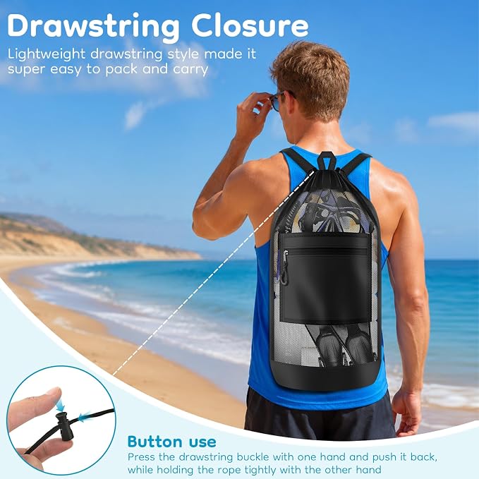 BROTOU Drawstring Backpack Gym String Bag with Pocket for Men Women Heavy Duty Mesh Bag Sport Equipment Bag for Swimming Yoga Beach Laundry