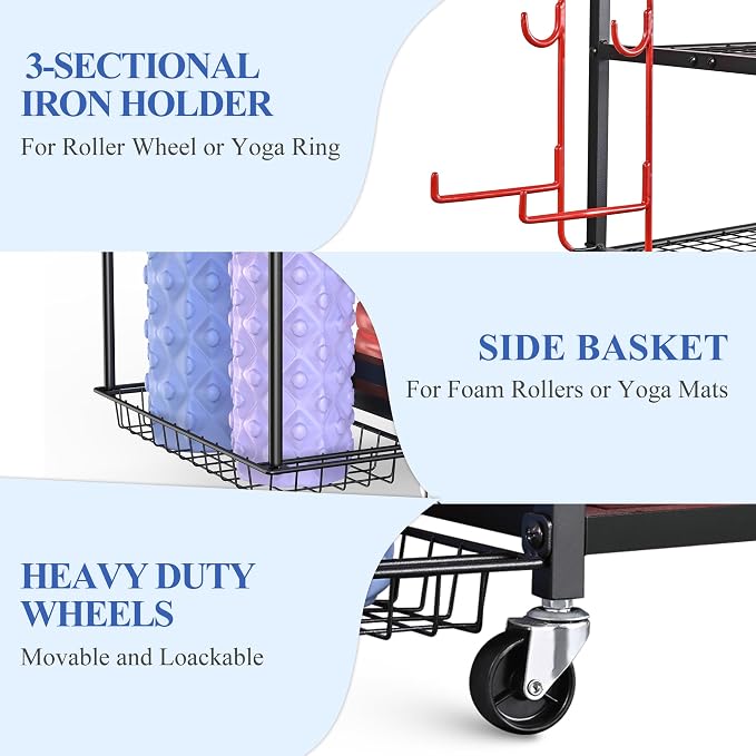 Mythinglogic Yoga Mat Storage Racks,Home Gym Storage Rack for Dumbbells Kettlebells Foam Roller, Yoga Strap and Resistance Bands, Workout Equipment Storage Organizer With Hooks and Wheels