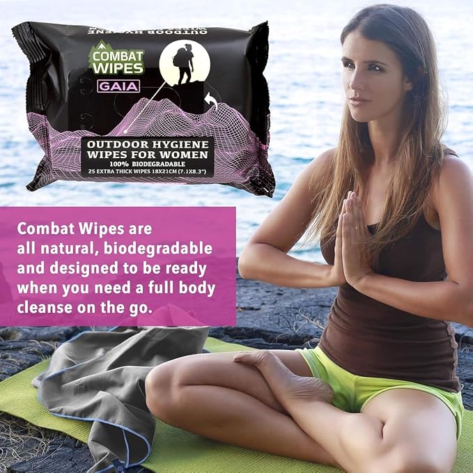 Combat Wipes Gaia - Feminine Hygiene Outdoor Wet Wipes - Extra Thick, Ultralight, Biodegradable, pH Balanced Cloths for Women (75 Count (3 Packs))