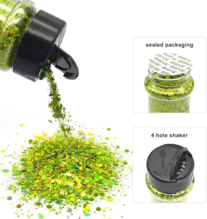 Light Green - Craft Glitter - 2oz Glitter Shaker Bright Colorful Mix Chunky Body Glitter Bulk - 24 Colors in Shaker, Cosmetic Grade Glitter - EBLB608