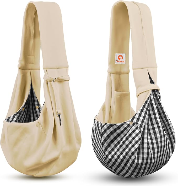 Tomkas Small Dog Cat Sling Carrier Puppy Purse Travel Wrap Soft Crossbody Pet Bag (Cream, M - Classic Pocket & Classic Strap)