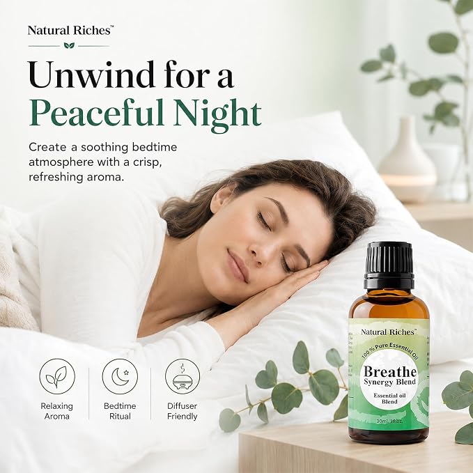 Natural Riches Breathe Essential Oil Blend Breathe Easy with Peppermint Eucalyptus Tea Tree Lemon Cardamom Pine Needle Essential Oils - 30 ml