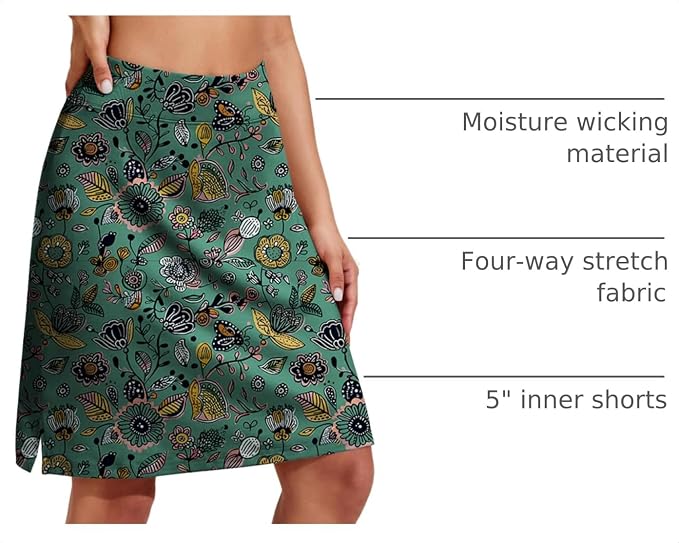 COOrun Women's 20" Knee Length Skirts High Waisted Golf Skorts with Pockets | Soft, Quick Dry, Split Hem, Built-in Shorts, A-line, Modest Skirts, for Golf Athletic Tennis Work Casual
