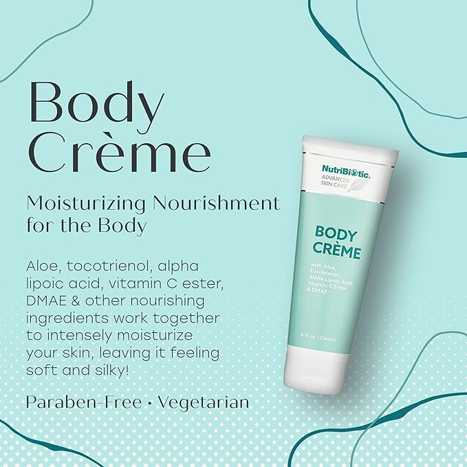 NutriBiotic – Advanced Skin Care Body Crème, 8 Fl Oz - with GSE, Aloe, Tocotrienols, DMAE, Vitamin C Ester & Alpha Lipoic Acid - Nourishing for Soft & Silky Skin - Vegetarian & Paraben-Free