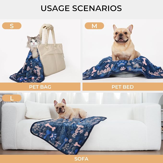 Luciphia 3 Pack Soft Fleece Dog Blankets for Medium Dogs Puppy Cats,30"x20" | Washable Throw Blanket for Crate, Couch, Bed, Travel. Cute Paw & Bone Print. Puppy Essential, Dog Gift,Khaki/Blue/Navy