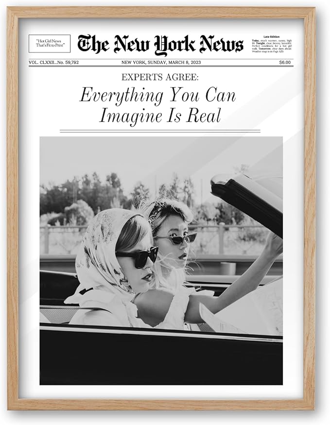 iHery 16x20in Everything You Can Imagine Is Real Framed Newspaper Art | Natural OAK Wood Frame with Canvas Print, Vintage Girls Decor for Bedroom, Living Room, Dorm and Gallery Wall, 1Pack