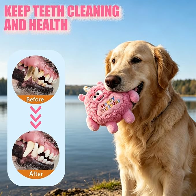 Monster Dog Birthday Toy for Gifts, Stuffed Dog Plush Toy, Pink | Crinkle Squeaky, Soft Lightweight Toy for Fetch and Chew, Interactive Outdoor Indoor Play for Tug, For Puppy Small Medium Dog