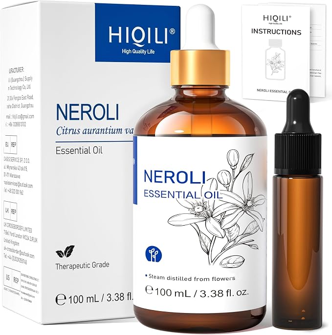 HIQILI Neroli Essential Oil for Diffuser, Aromatherapy and Skin Care | Relaxing & Calming, for Diffuser, Massage & DIY, Travel Bottle Included —100mL / 3.38 fl.oz