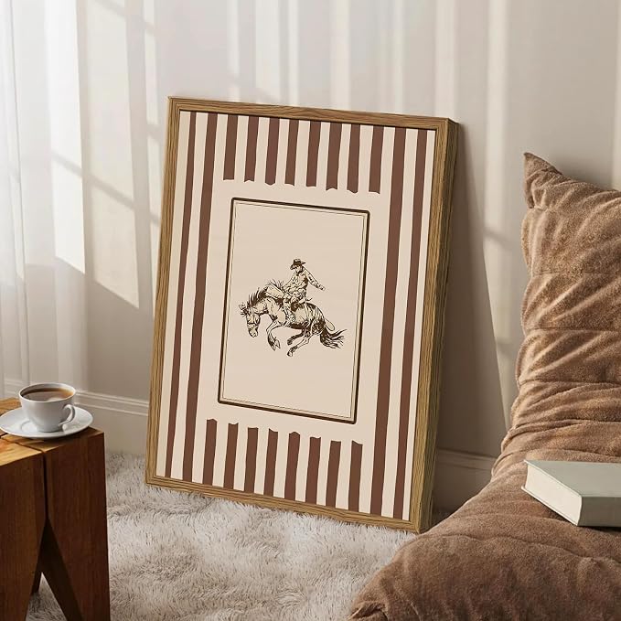 Vintage Western Cowboy Wall Art Retro Striped Cowboy Rodeo Wall Decor Paintings, Southwestern Country Horse Poster Canvas Prints for Bedroom Farmhouse Living Room 16x24 inch Framed