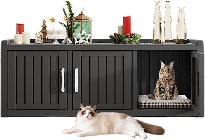 KAMABOKO Hidden Cat Litter Box Enclosure Furniture with 3 Doors & Multiple Windows, Modern Litter Box Cabinet for Large Cats, Waterproof PP Cat Furniture for Living Room