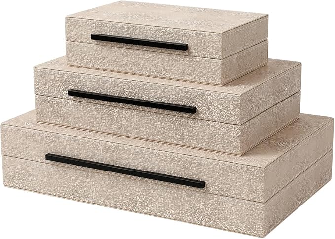 Decorative Boxes with Lids, Set of 3 Faux Leather Decorative Box, Large Modern Decorative Boxes with Lids for Home Decor, Photo Boxes, Organizer Box (Ivory)