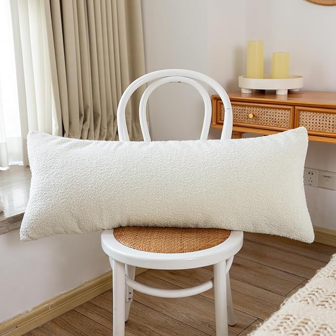 JoraLion 14x36 inch Boucle Lumbar Pillow Cover, Cream Woven Texture Neutral Long Pillow Cover Breathable Cushion Case for Couch Sofa Bed Living Room Home Decor (Cover Only)