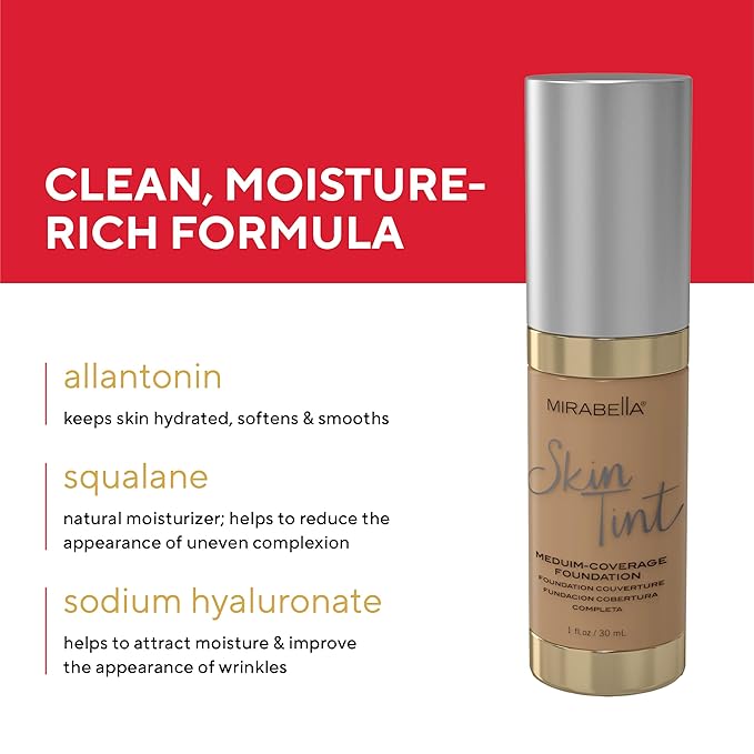 Mirabella Skin Tint Creme Liquid Foundation Makeup, Oil-Free Mineral Foundation for Medium Coverage - w/Hyaluronic Acid, Squalane, & Allantoin for All Skin Types - IIIN Neutral
