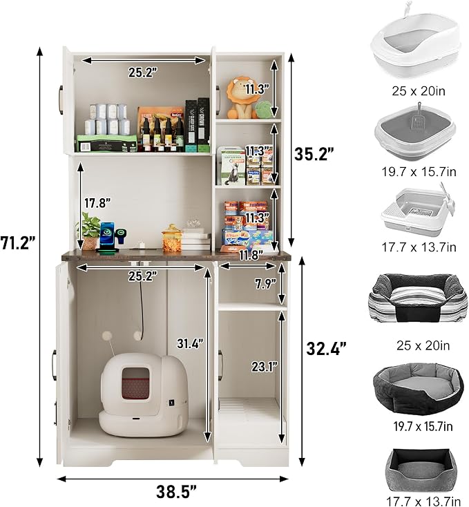 71Inches Tall Cat Litter Box Enclosure for Cats W/Power Outlets,Open Shelves.Wooden Pet Washroom Furniture W/Locks,Cabinet.Indoor Cats House,Hidden Cat Litter Box for Living Room,Bedroom(White-3)