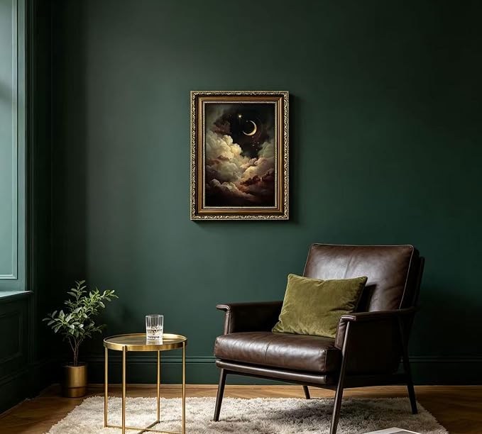 Vintage Gold Framed Crescent Moon Cloud Wall Art, Dark Academia Celestial Starry Sky Oil Painting Print, Antique Ornate Mystical Night Sky Wall Decor, Gothic Cottagecore Home Decor, 9x11in