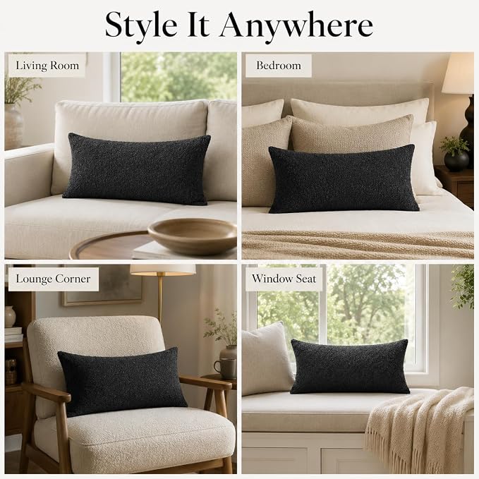 JoraLion 16x24 inch Boucle Lumbar Pillow Cover, Black Woven Texture Neutral Long Pillow Cover Breathable Cushion Case for Couch Sofa Bed Living Room Home Decor (Cover Only)