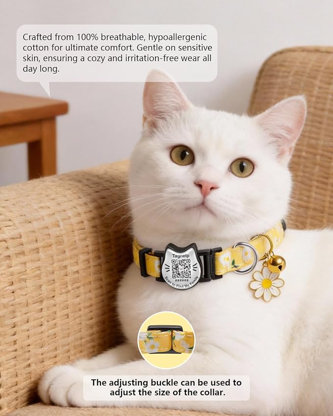 Breakaway Cat Collar with QR Code Tag and Bell (Yellow & Green, Pastoral Style)