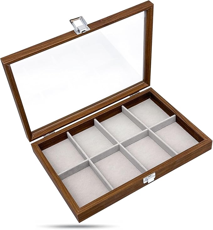 Wooden Travel Jewelry Box w. Tempered Glass Display Lid - Bracelets Storage - 8-Compartments Velvet Organizer (Dark Oak) by The Display Guys