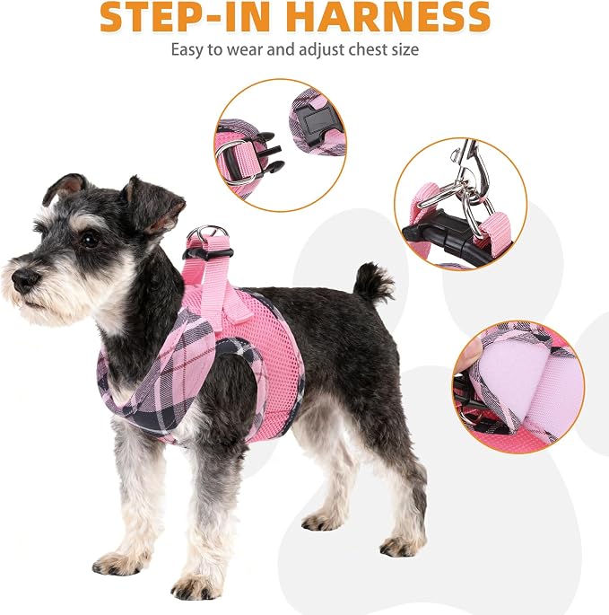 KOOLTAIL Small Dog Harness and Leash Set, Cute Pink Girl Puppy Harness, Step in No Pull Soft Mesh Pet Vest Harness Collar for Small Size Dogs Cats, Plaid Dog Halters for Outdoor Walking, Pink XS