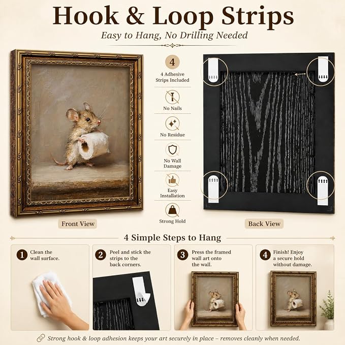 Funny Bathroom Wall Art, Vintage Gold Framed Mouse With Toilet Paper, 16x24 | Funny mouse canvas print, cute animal bathroom decor, rustic farmhouse style, wall art for restroom, washroom, or powder room