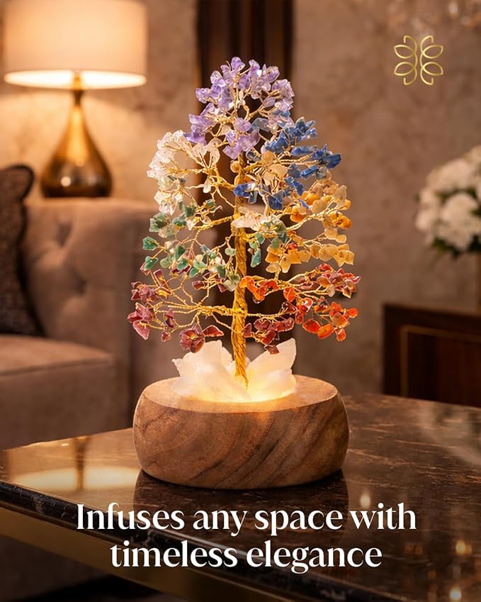 7 Chakra Crystal Tree of Life with LED Light, Handcrafted Gemstone Bonsai with Quartz Crystal Base & Acacia Wood Stand, Spiritual Home & Office Décor, Thoughtful Gift for Women