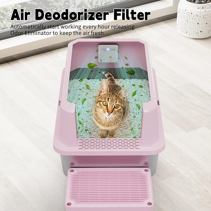RIZZARI High-Sided Large Cat Litter Box: 2-Pack for Multi-Cat Use | 304 Steel Odor-Resistant Tray / 6.5" High Splash Guard / Dual Anti-Tracking / Built-In Deodorizer / Spacious for Large Breeds
