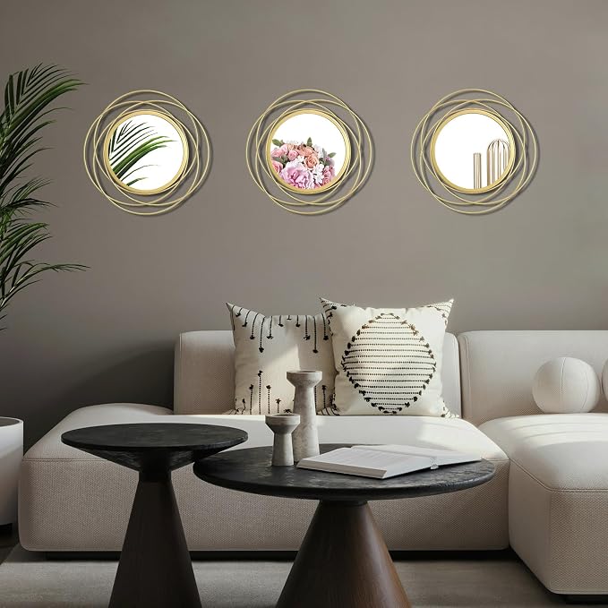 3 Set Round Mirrors for Wall Decor Living Room Bedroom Bathroom Dining Room Metal Circle Mirror Set Boho Decorative Sunburst Wall Art Accent Entryway - Gold 9.5 in