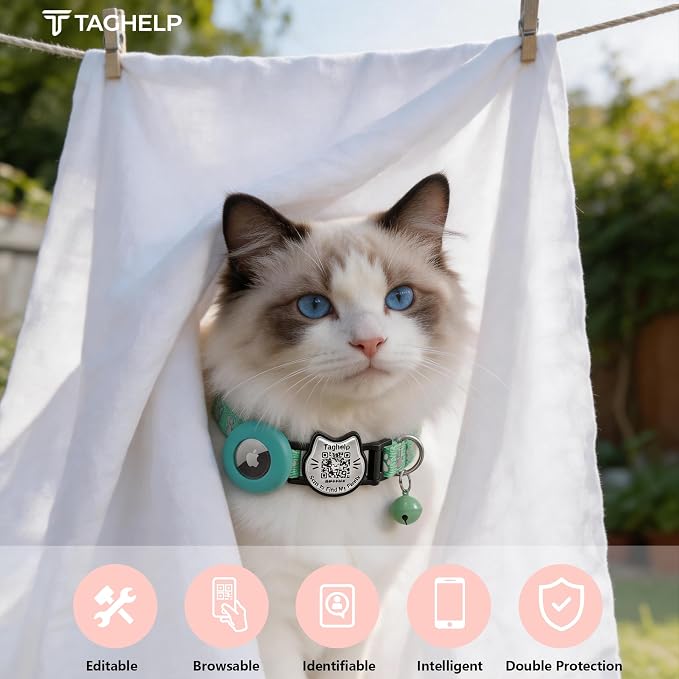 Cat Collar with AirTag Holder, QR Code Tag and Bell (Green, Paw Pattern)