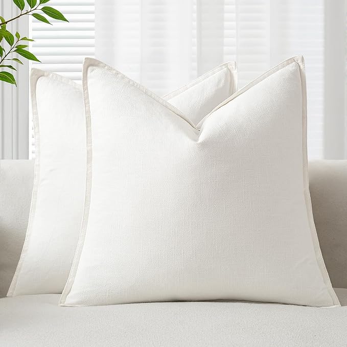 EMEMA Euro Sham Decorative Linen Throw Pillow Covers 24x24 Inch Cream | Boho Farmhouse Neutral Couch Throw Pillows for Bed Pack of 2 Accent Pillowcase Modern Sofa Cushion Livingroom Home Decor
