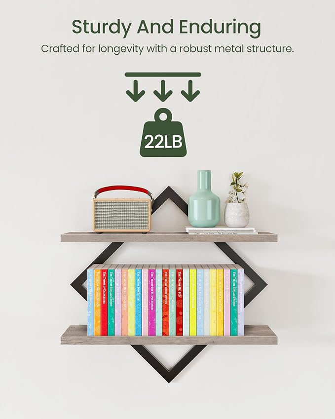 Floating Shelves for Wall, Set of 2 Wall Mounted Shelves, 2-Tier Hanging Shelves, for Living Room, Bedroom, Kitchen, Office, Study, Greige TBJ01P2BG