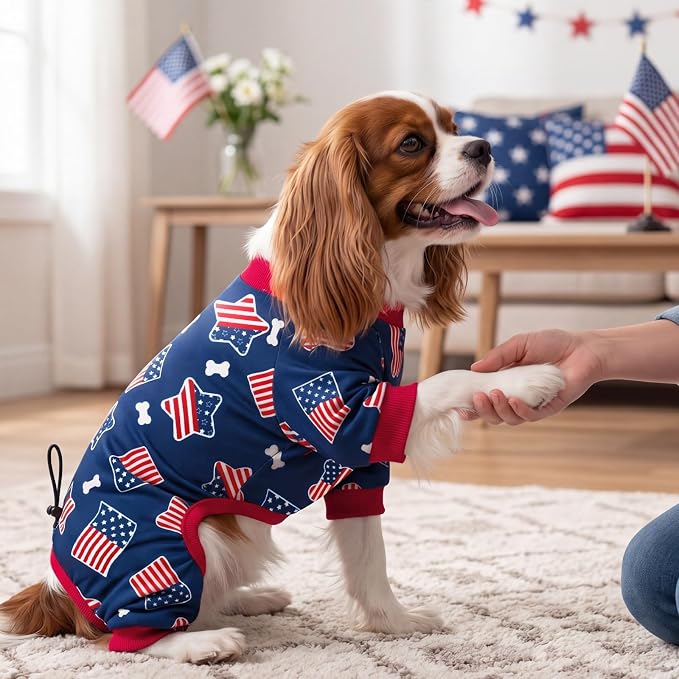 XPUDAC 4th of July Dog Pajamas, Cute Patriotic Dog Clothes with Adjustable Drawstring, Funny Pet Pjs American Flag Pet Outfit for Small Medium Dogs Independence Day, M