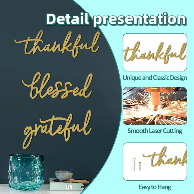 Thankful Grateful Blessed Letter Sign Metal Wall Decor, 3 Piece Gold Letters Wall Art for Bathroom Bedroom Metal Words Wall Decor for Home Decor (Gold)