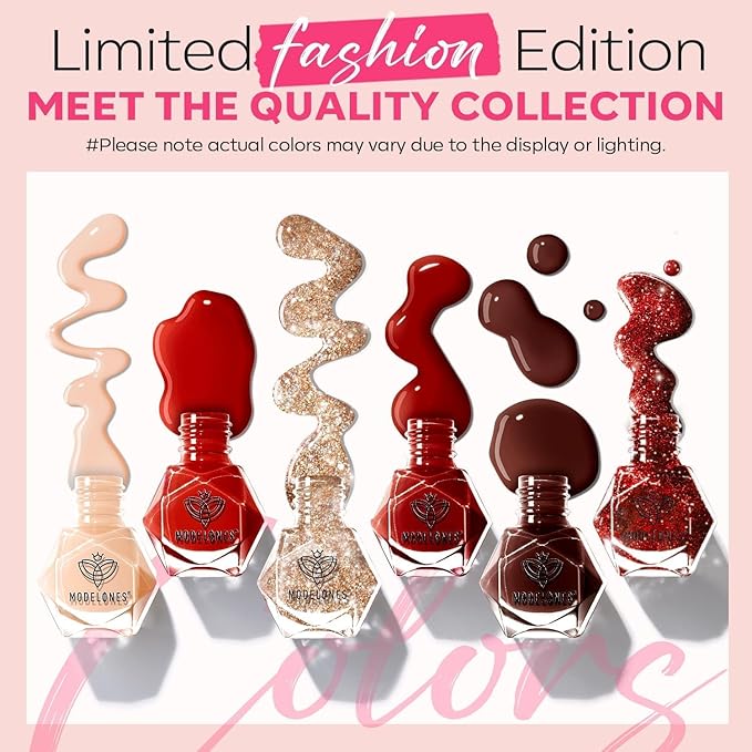 modelones Red Nail Polish Set 6 Colors,Valentines Brwon Nude Burgundy Gold Glitter Quick Dry Sparkle Mini Manicure Kit DIY Nail Art Salon Home Gifts for Women Girls