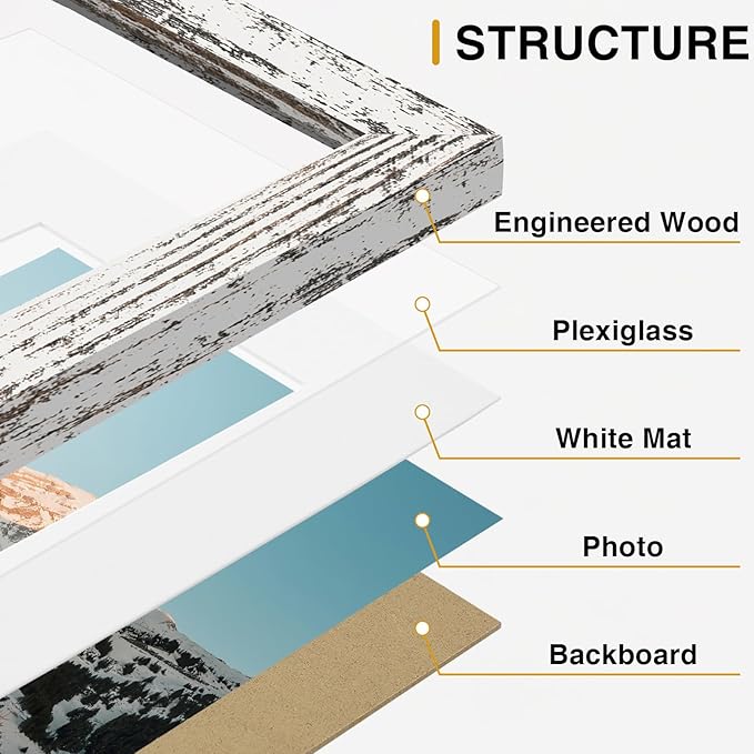 Vittanly 15 Pack Gallery Wall Frame Set, Black, Brown, Distressed White | Picture Frames Collage Wall Decor: 3pcs 8x10, 6pcs 5x7, 6pcs 4x6. Picture Frame Set for Wall or Tabletop Display